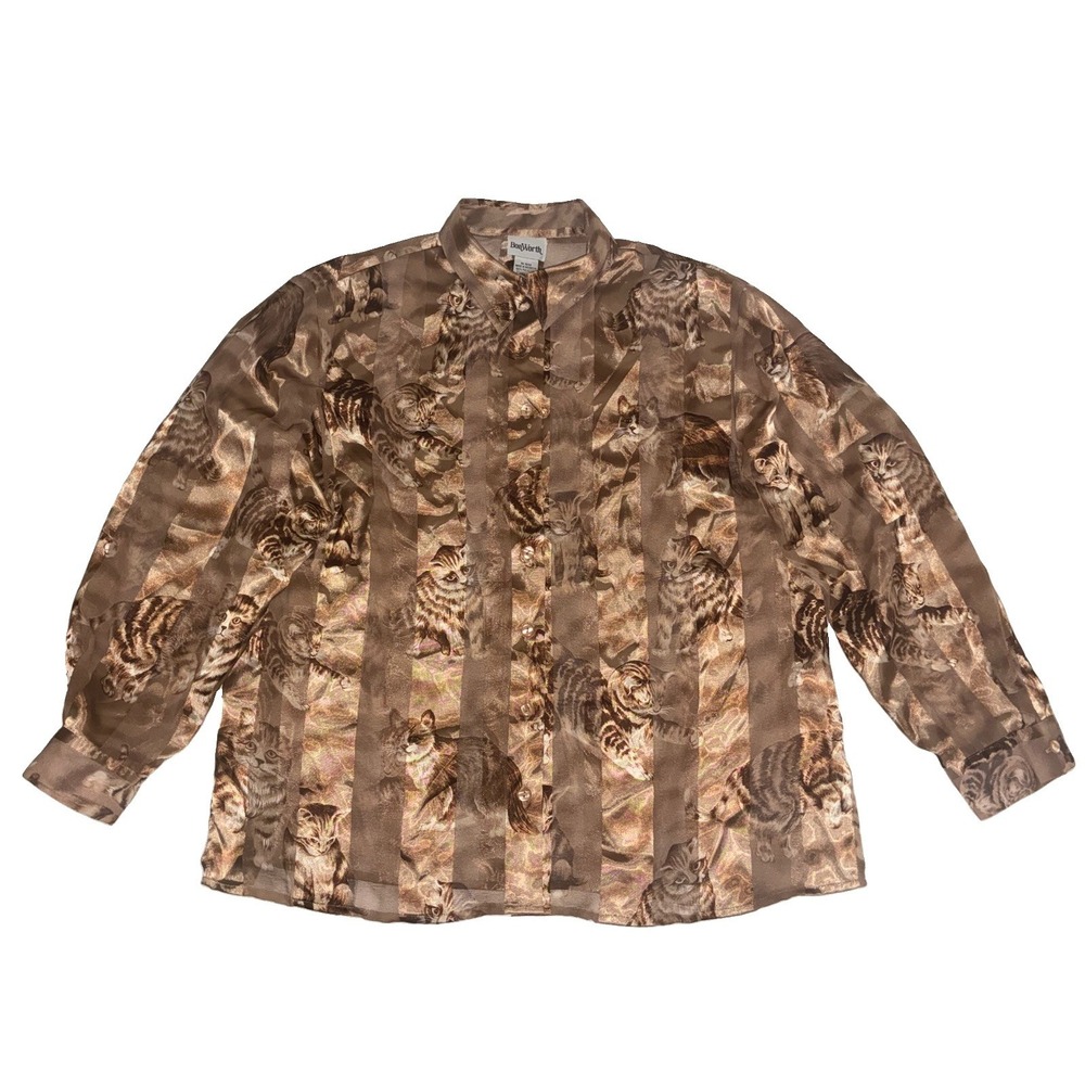 Vintage Bonworth Blouse Women's PL Brown Sheer Satin Stripe Cats Animal Print